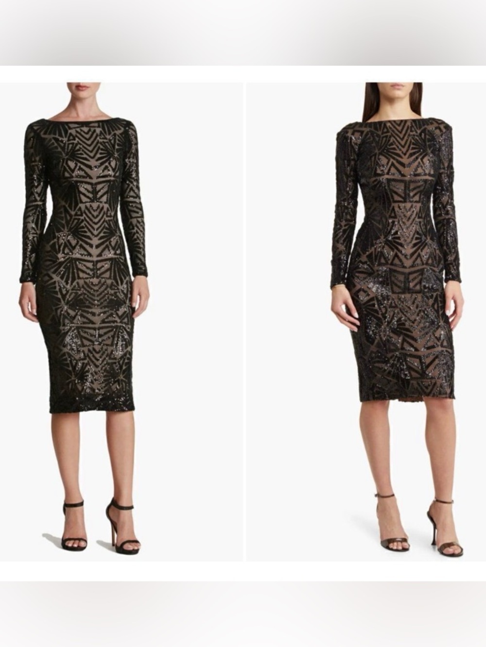 Dress the Population Black Long-Sleeve Sequin Sheath Dress